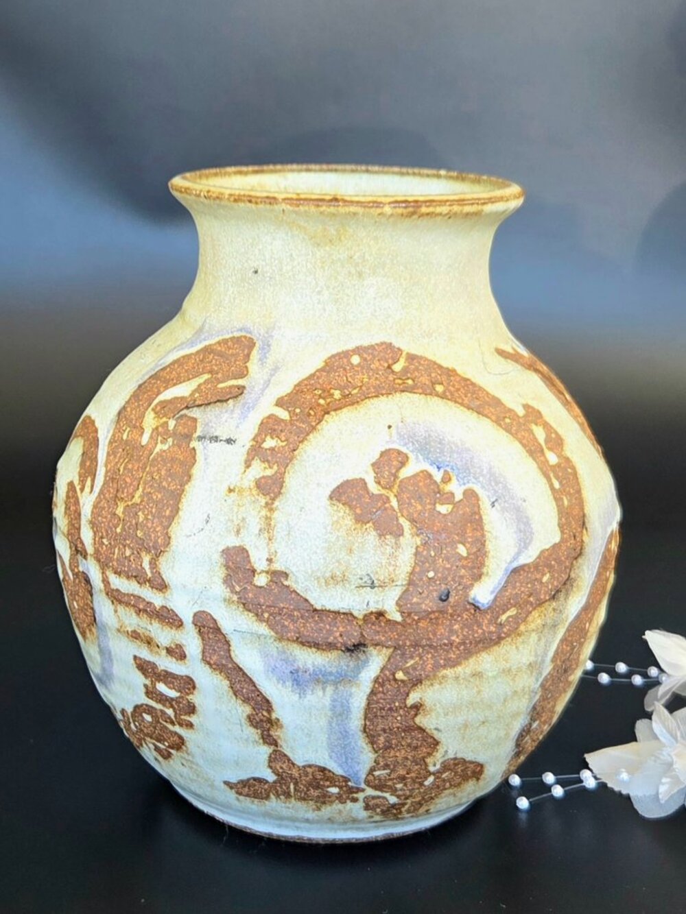 Antique 1918 Handmade Stoneware Pottery Vase – Cream & Brown – Signed